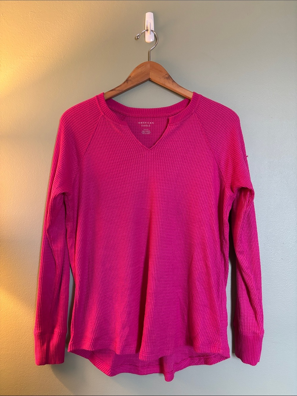 American Eagle Bright Pink Waffle V-Neck Top